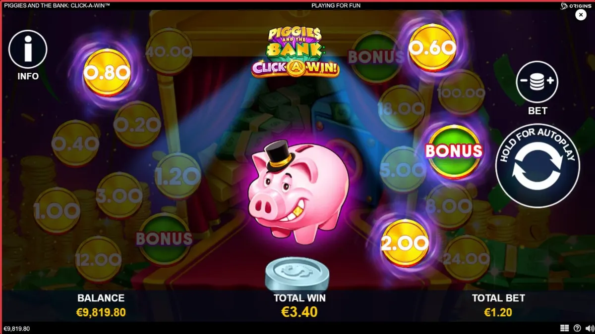 Piggies and the Bank: Click-A-Win slot game interface with a piggy bank theme